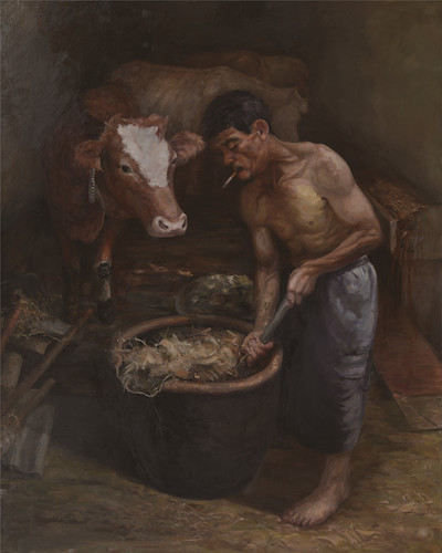 孙翔宇  喂牛的宝叔  布面油画  130×162cm  2018年