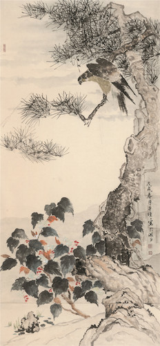 于曈曈  松鹰图  彩墨纸本  97×205cm  2018年_副本